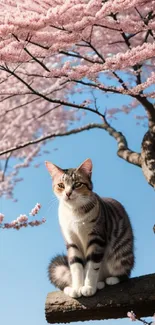 Cat sitting on a branch surrounded by cherry blossoms with a blue sky.