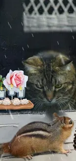 Cat and chipmunk in rain with floral decor and candles.