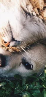 Adorable cat and dog relaxing together on green grass.