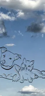 Minimalist cat and dog line art under a blue sky with clouds.