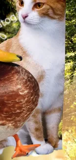 Cat and duck stand in a sunlit forest scene.