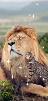 Cat nuzzling a lion in a serene landscape.