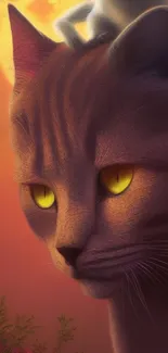 Detailed cat with moon glowing in background, vibrant orange hues.