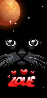 Illustrated black cat and red moon with love text on a black background.