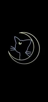 Minimalist neon cat and moon design on black background wallpaper.