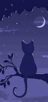 Silhouette of a cat on a branch under a moonlit night sky.