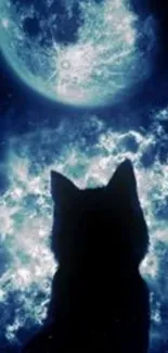 Silhouette of a cat under a glowing full moon in a dark blue night sky.