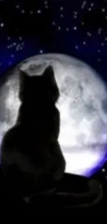 Cat silhouette against a glowing full moon with stars in the night sky.