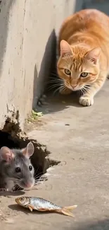 Curious cat and cautious mouse with fish in a street setting.