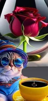 Cat in sunglasses with rose and cup, vibrant wallpaper design.