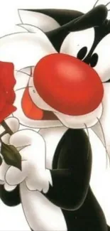 Cartoon cat holding a red rose with a whimsical expression.