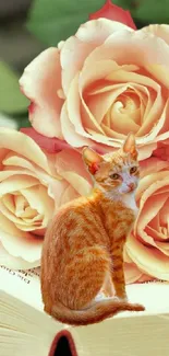 Ginger cat sitting on an open book with pink roses.