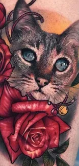 Tattoo of a cat surrounded by red roses.