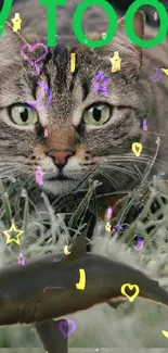 Cat stalking a shark among frosted grass in a surreal scene.