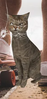 Cat with skateboard and cracked glass effect in urban wallpaper.