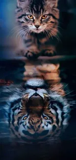 Cat looking at tiger reflection, blue backdrop.