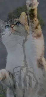 Double exposure of a cat with a tree in nature.