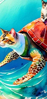 Whimsical watercolor artwork of a cat riding on a turtle, ocean-themed mobile wallpaper.