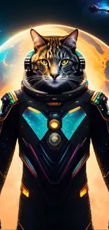 Astronaut cat in space suit with cosmic background.