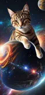 A tabby cat perched atop a swirling cosmic planet in space.