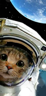 Charming cat astronaut floating in space with Earth in the background.