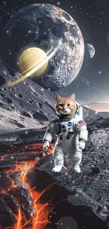 Cat astronaut exploring a volcanic lunar landscape with Saturn in the sky.