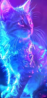 Vibrant neon-lit cat with stunning blue and purple hues.