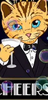 Art Deco cat in tux holding a cocktail with 'Cheers' text.