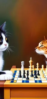 Whimsical wallpaper of two cats playing chess on a wooden table.