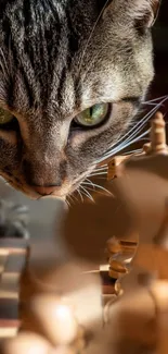 A curious cat examines a chessboard, bathed in warm natural light.