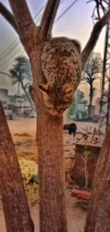 Cat climbing a tree in an urban setting background.