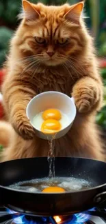 Cute cat cooking eggs in a garden setting.