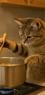Adorable cat cooking on a stovetop.