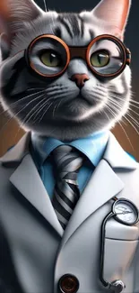 Adorable cat in a lab coat with glasses, digital art wallpaper.