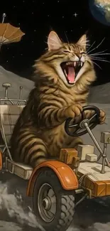 Cat driving a rover on the moon with Earth in background.