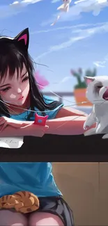 Anime girl with cat ears and cat on a sunny balcony scene.