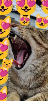 Yawning cat with heart-eyed emoji overlay wallpaper.