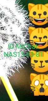 Cat emojis beside a glowing dandelion on a green background.