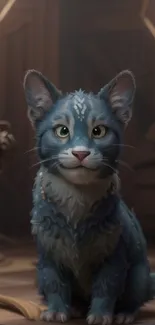 Whimsical blue cat in a fantasy art setting for mobile wallpaper.