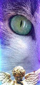 Wallpaper of a cat's green eye with a golden angel statue.