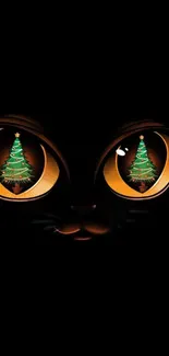 Cat's eyes with Christmas tree reflection on black background wallpaper.