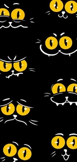 Playful yellow cat eyes wallpaper on black background.