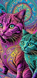 Colorful psychedelic cats in vibrant art design.