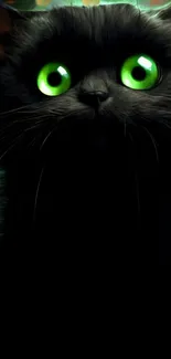 A black cat with vivid green eyes in a mysterious dark setting.