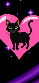 Black cat with green eyes on a pink heart background with purple stars.