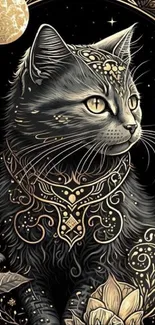 Intricate cat illustration with a celestial night theme.