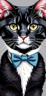 Illustrated dapper black cat with blue bow tie on gray background.