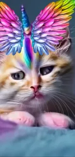 Fantasy cat with unicorn horn and rainbow wings.