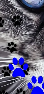 Close-up of cat fur with blue and black paw prints.