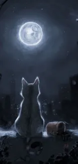 A cat silhouette against a full moon in a dark city nightscape.